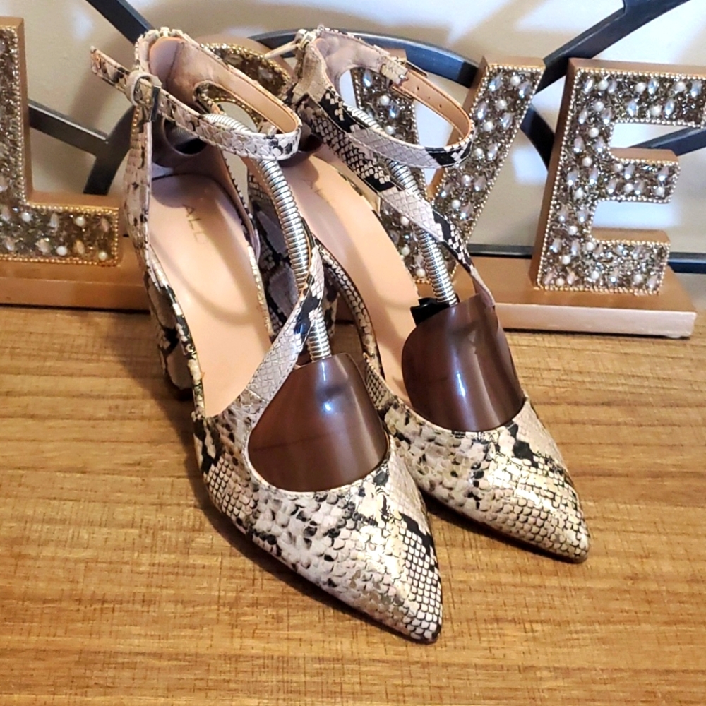 Aldo Nichole Snakeskin Block Cross Strap Heels Pumps Sz 7